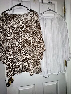 2 blouses perfect for office- Brown leopard PatternTop - white airy peasant top